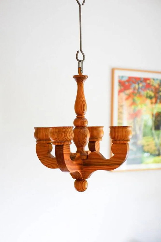 Image 1 of Bougeoir lustre suspendu rustique en bois de Smålandsslöjd, Suède, 1975