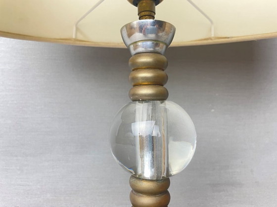 Vintage Hollywood Regency Inspired Brass Table Lamp With Silk Rum Lampshade – Textile (photo 8 of 12)