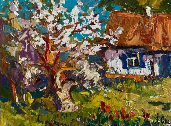 Image 1 of Original Oil Painting Spring Village Landscape Bright day bringing hope and warm
