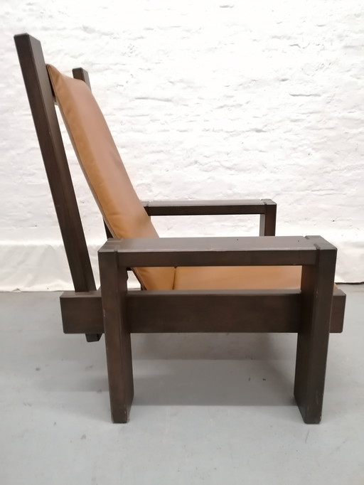 Brutalist style armchair, wood and leather, 70s