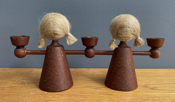 Image 1 of triple candelabro de teca/ velas figurita femenina 1960s