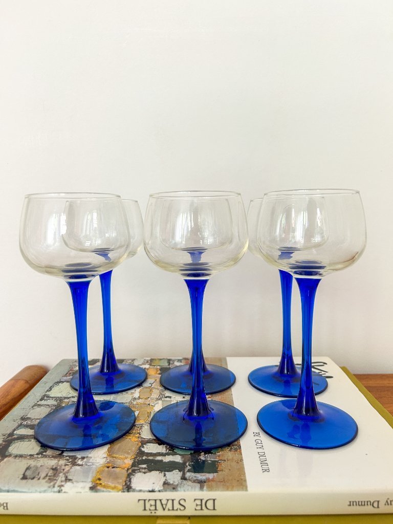 6x / 12x bicchieri da vino tedeschi vintage della Mosella con stelo blu scuro
