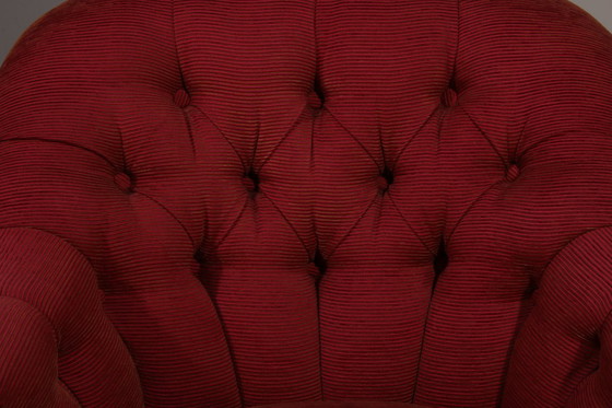Image 1 of Pair of French Red fabric Button Back Armchairs 