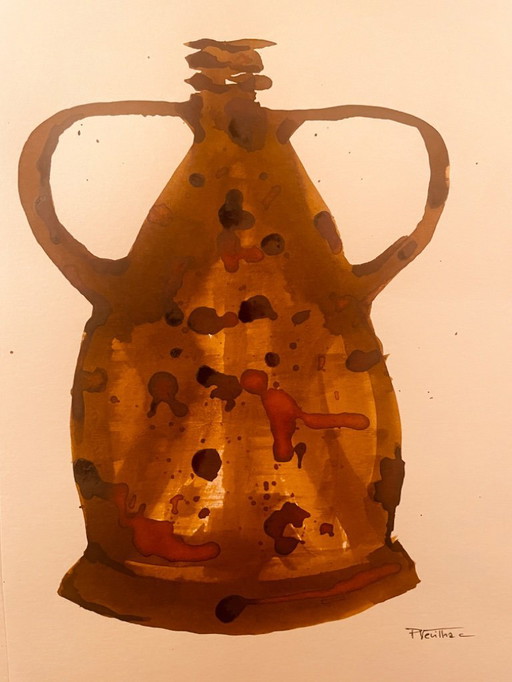 Tableau signé aquarelle et encre Vase Wabi Sabi Marrakech 