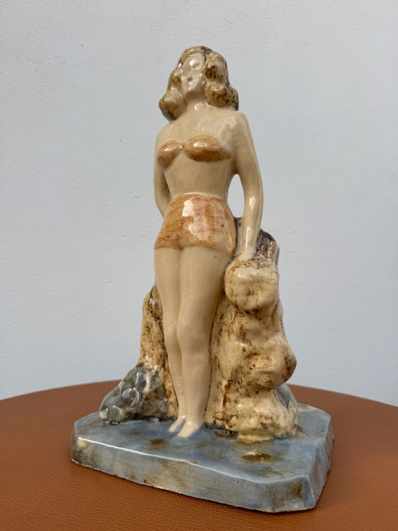 Art Deco keramische badster beeld (1930/40), Beeldhouwkunst, Keramiek, Beige (foto 12 van 15)