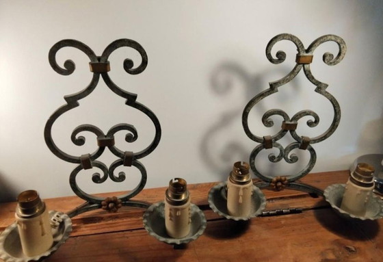 Image 1 of PAIRE D'ANCIENNES APPLIQUES EN FER FORGE GILBERT POILLERAT Baroque 1940