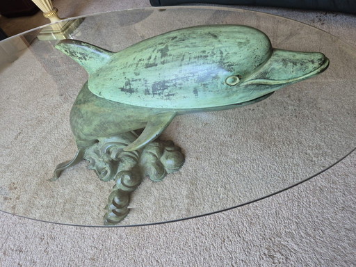 Large Sculptural Dolphin Coffee Table – Hollywood Regency – Bronze/Brass Patina