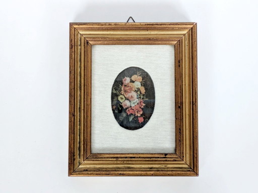 Vintage Floral Bouquet Print with Oval Linen Mat, Gilded Wood Frame, Foiled Shimmer Art
