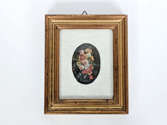 Image 1 of Vintage Floral Bouquet Print with Oval Linen Mat, Gilded Wood Frame, Foiled Shimmer Art