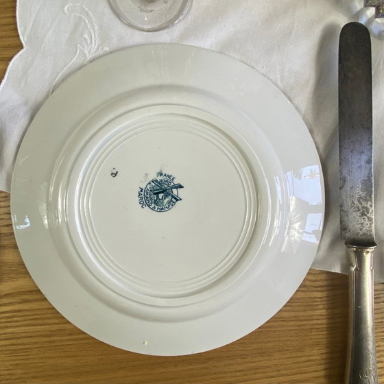 Image 1 of Set of 6 antique Saint Amand et Hamage ironstone earthenware dinner plates, Morocco blue pattern