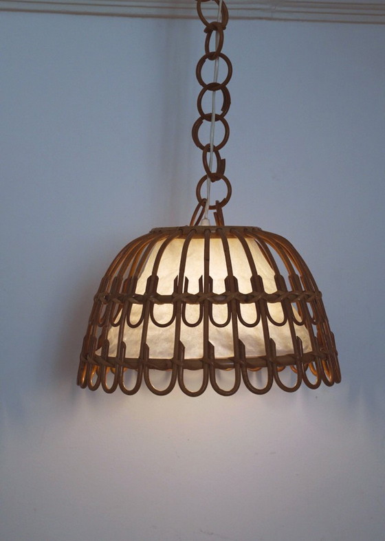 Image 1 of Vintage Rattan Bell Pendant Lamp, Louis Sognot Style Cane Ceiling Light, French Riviera Mediterranean Decor