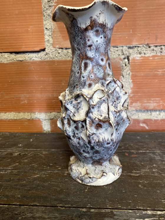 Image 1 of Vase Ancien Marius GIUGE Fat Lava Céramique Écumes Gris & Blanc Vintage #D384
