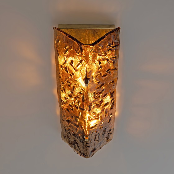Image 1 of Coppia di applique in vetro di Murano ambrato e ottone in stile Mazzega