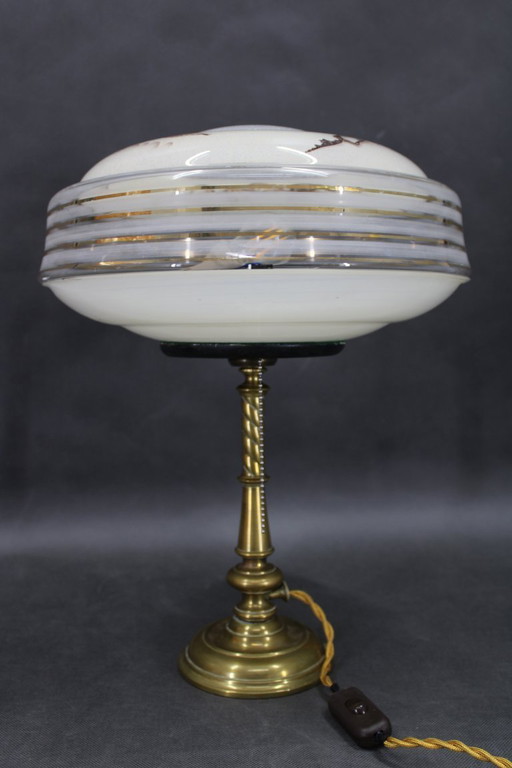1940s Restored Brass Table Lamp with Glass Shade
