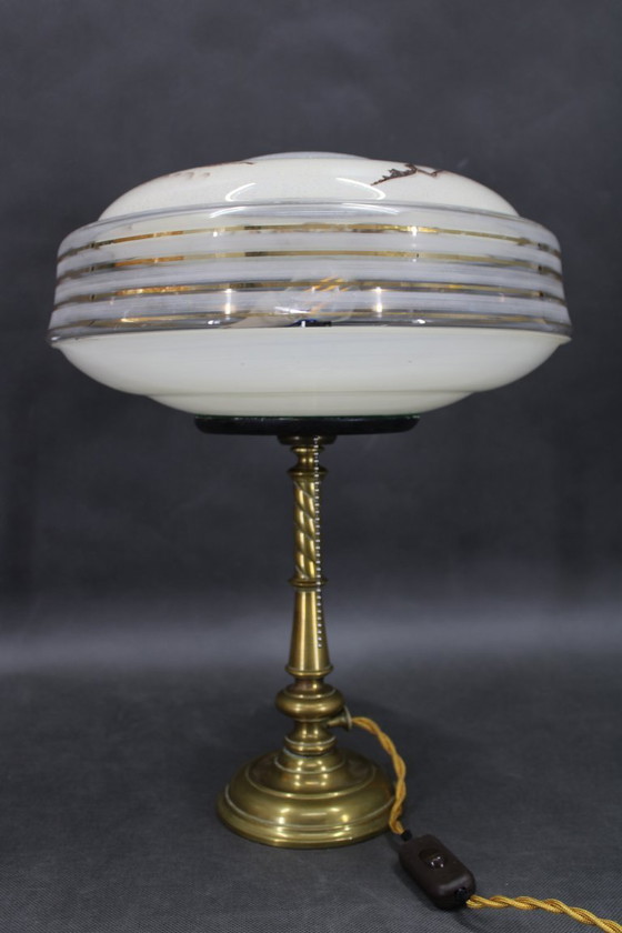 Image 1 of 1940s Restored Brass Table Lamp with Glass Shade