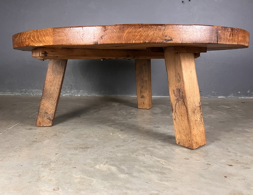 Brutalist oak coffee table round tripod vintage