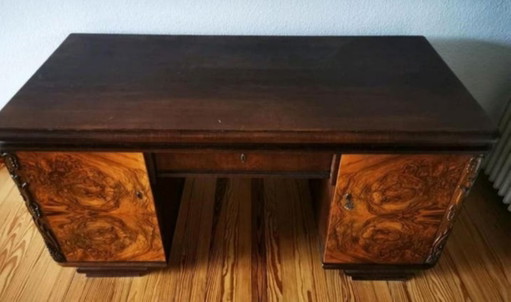 Stylish Art Deco desk with burr veneer and decorations