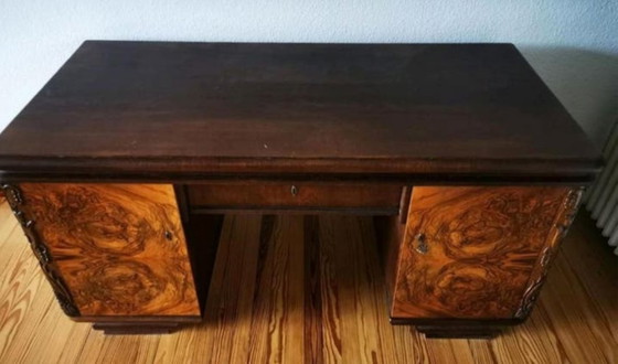 Image 1 of Stylish Art Deco desk with burr veneer and decorations