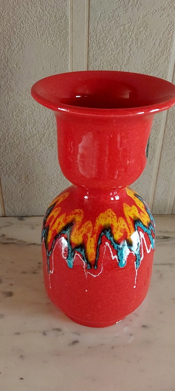 Pichet et Vase en Céramique Italienne, Glaçure Rouge Goutte à Goutte, Vintage (photo 3 sur 5)