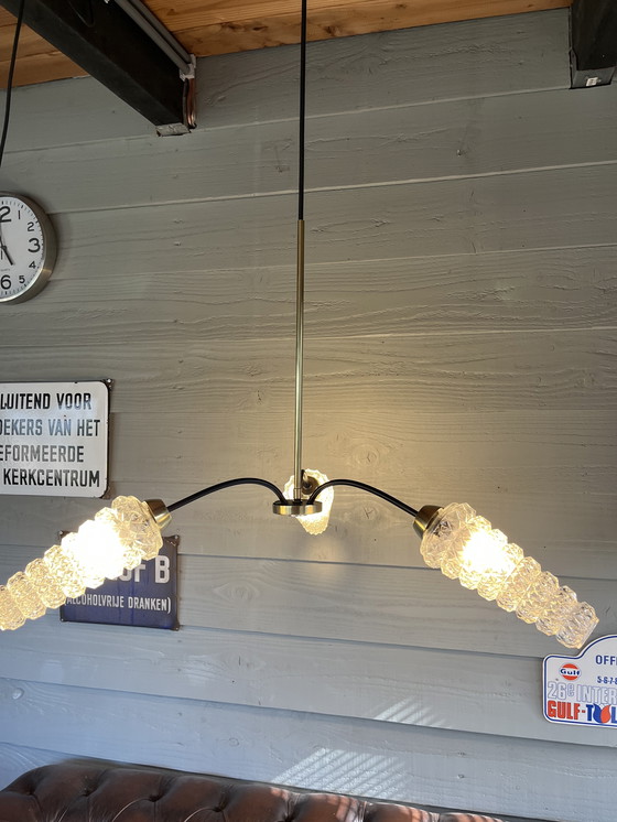 Image 1 of Vintage mid century kroonluchter met 3 kristalglazen lampen 