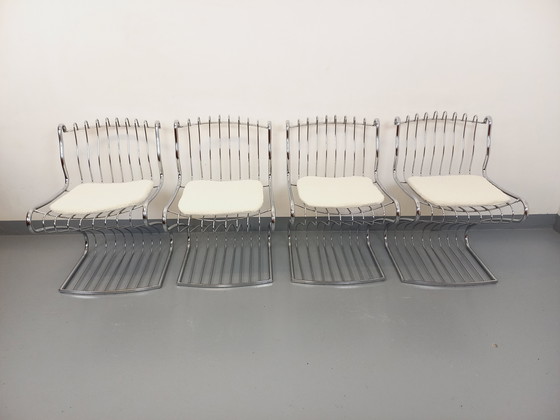 Image 1 of Suite van 4 Gastone Rinaldi Vintage Italiaanse stoelen in verchroomd metaal en Bouclettes stof uit de jaren 70