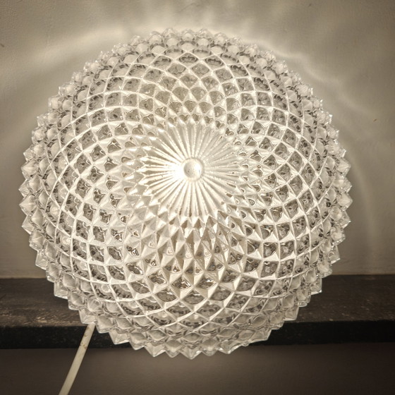 Image 1 of Vintage Diamond Cut Glass Ceiling Light | Mid Century Flush Mount | Space Age Style | 26 cm
