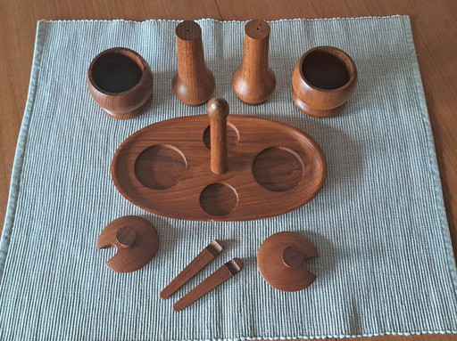 Mid-Century Teak Spice & Sugar Set – 6 Pieces – Vintage