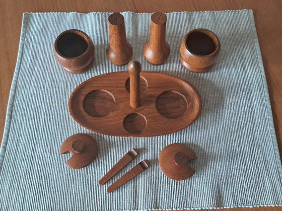 Image 1 of Mid-Century Teak Spice & Sugar Set – 6 Pieces – Vintage