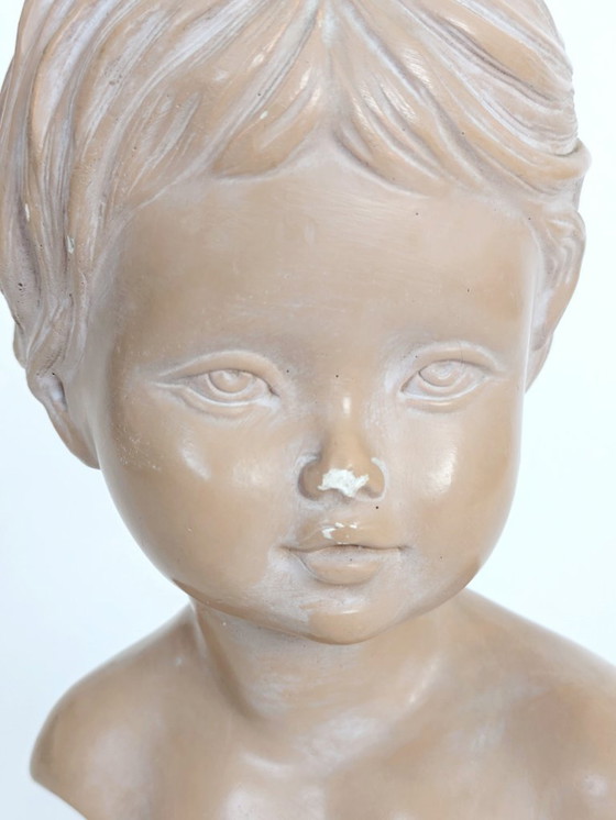 Image 1 of Vintage Young Girl Bust on Pedestal, After Salvatore Melani, Glazed Plaster Terracotta Patina, Signed