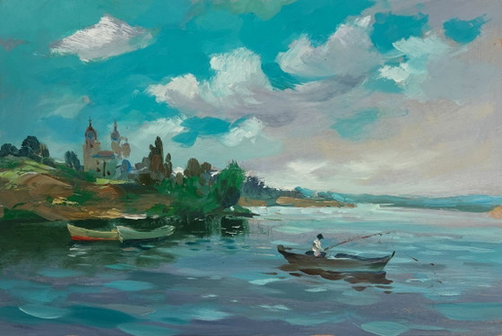 Image 1 of Origineel olieverfschilderij: Zomerkustlandschap, rustig vissen.