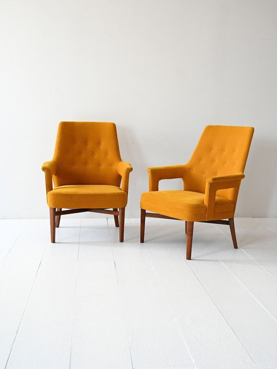 Image 1 of Pair of Vintage 1950s Yellow Scandinavian Armchairs