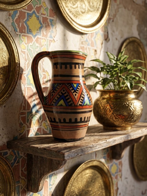 Small Moroccan glazed terracotta pitcher, signed, Berber decoration, 20th century