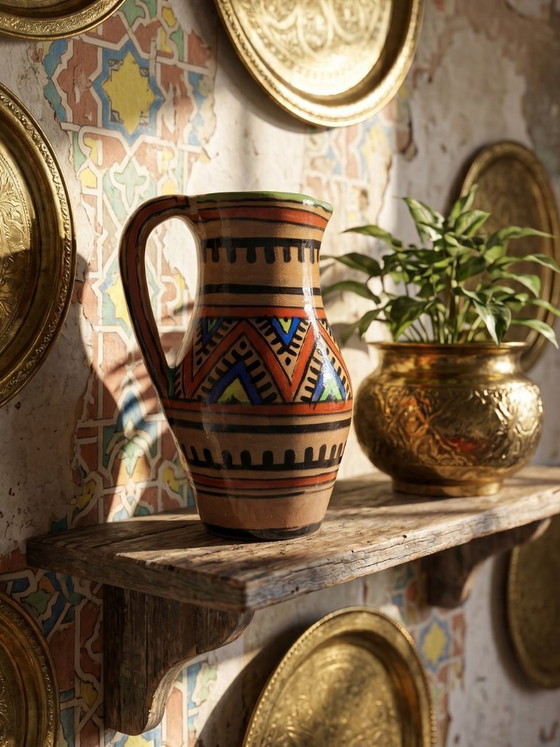 Image 1 of Small Moroccan glazed terracotta pitcher, signed, Berber decoration, 20th century