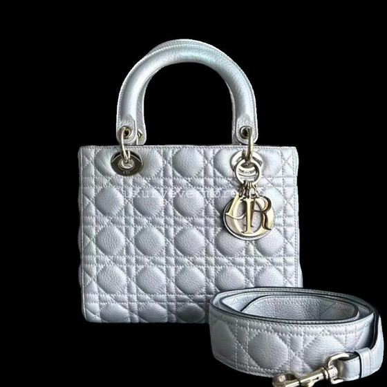Image 1 of *FLAP OPEN* DIOR LADY MEDIUM - GRAINED CALFSKIN METALLIC SILVER GOLDEN HARDWARE