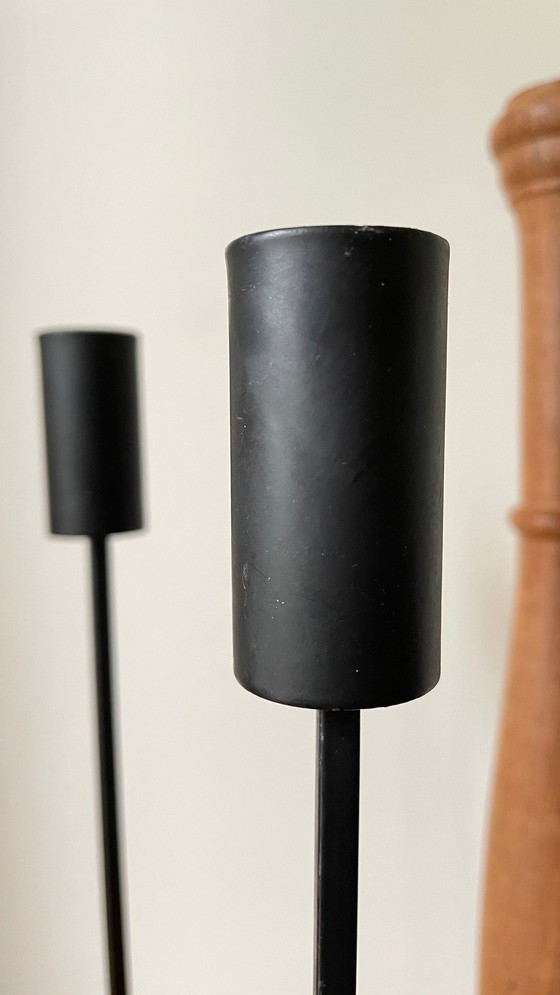 Image 1 of Trio van Teak en Vintage Stalen Kandelaars