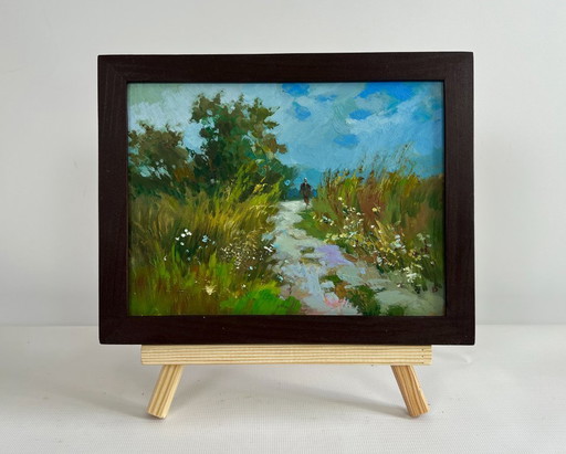 Original Oil Painting Summer Road Landscape A walk in the arms of nature