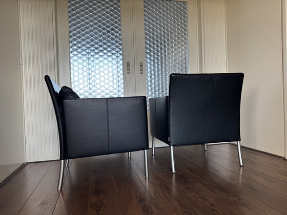 Image 1 of  Modernist German Black Leather and Steel Lounge Chairs from Walter Knoll / Wilhelm Knoll, 2000s, Set of 2