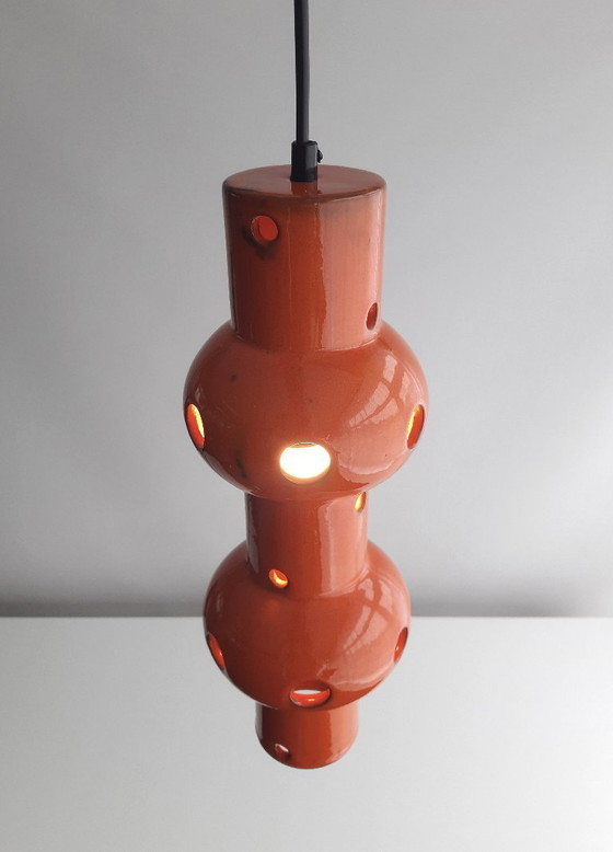 Image 1 of Suspension vintage en faïence orange, style « fat lava » d'Allemagne de l'Ouest, lampe suspendue rétro en céramique