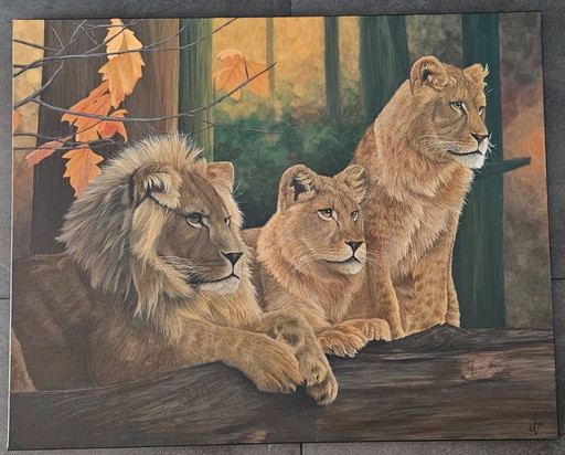 Large handmade acrylic painting of lions "Lion's Harmony"