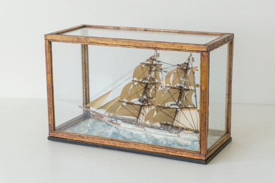 Image 1 of Antique Maritime Diorama - Handmade Boston Ship Model "Cherokee" in Display Case (ca. 1900)