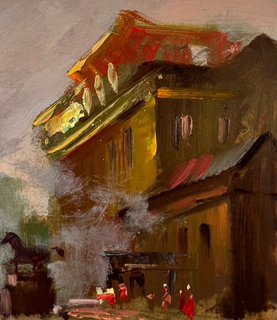 Original Oil Painting Urban Landscape Architecture River Bridge Busy City Streets – Paintings & Drawings, Mdf (photo 9 of 10)