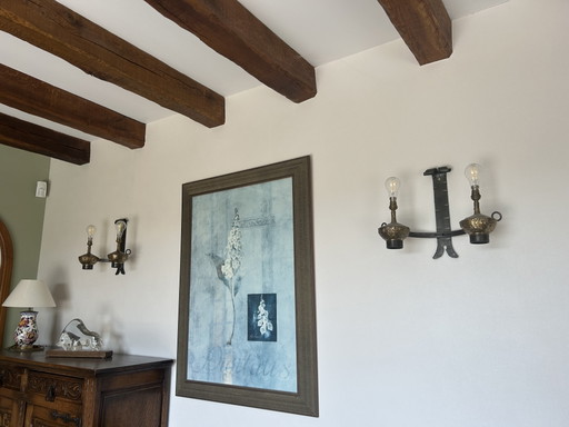 Grande complesso Art Déco in ferro battuto e bronzo: lampadario a 6 luci e 2 applique (firmato BRÉ MAX) (photo 2 of 5)