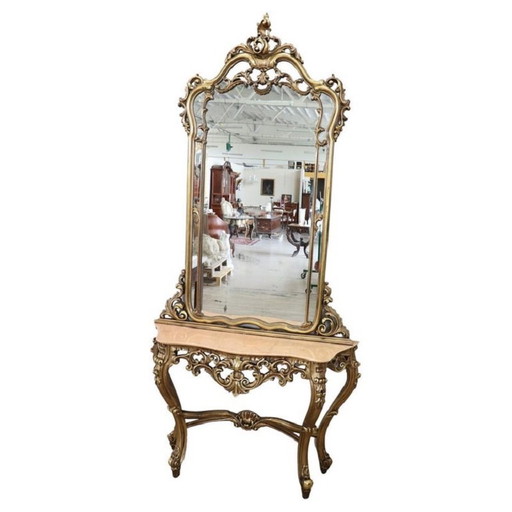Consolle con specchio in legno dorato e marmo, XX secolo