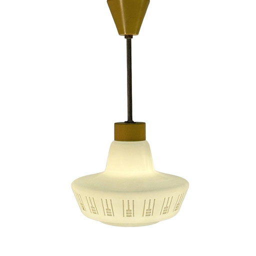 Vintage 50’s MCM Hanging pendant - Frosted / semi translucent white glass - Yellow ceiling mounted canopy and brass upright