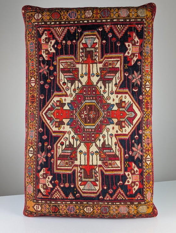 Image 1 of Gran cojín de suelo kilim soumak caucásico, de lana, mediados del siglo XX