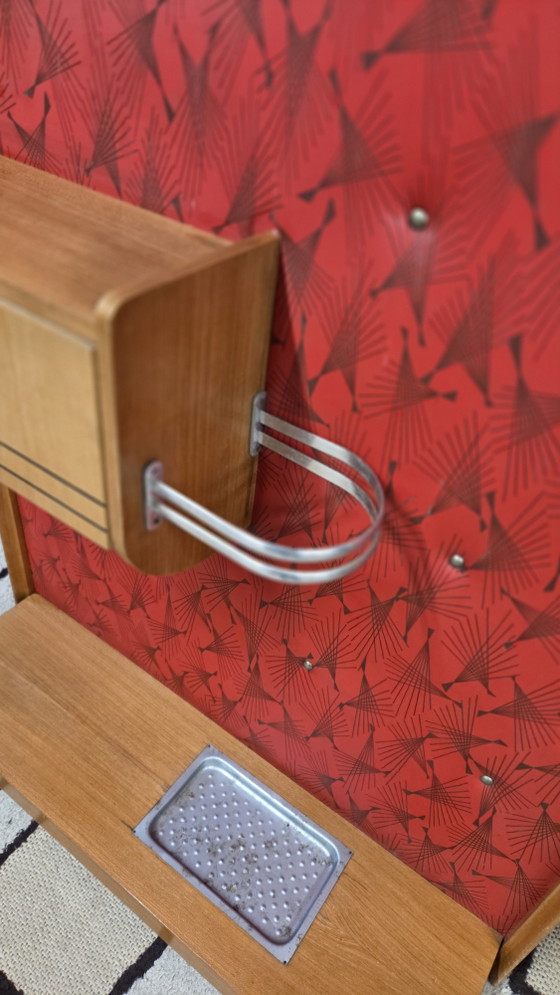 Image 1 of Vintage 1950s/60s Wall-Mounted Coat Rack – Red and Wood Rockabilly Design Cloakroom