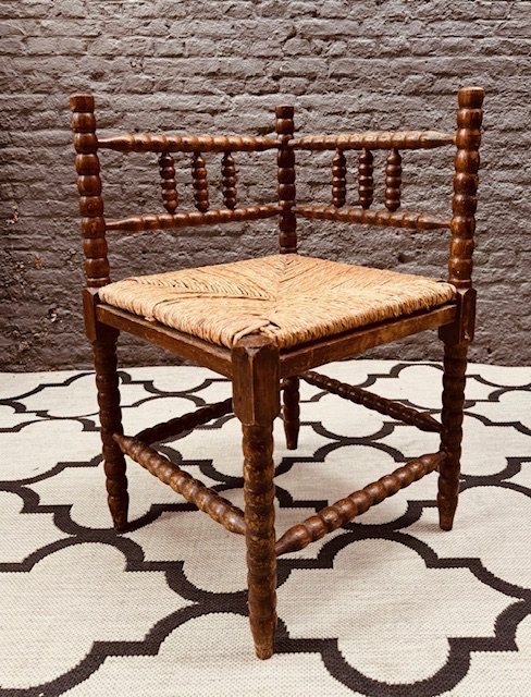 Vintage Brutalist Bobbin Oak Corner Chair With Braided Piping Seat