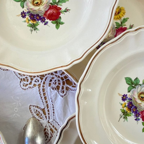Image 1 of Set of 6 antique Badonviller earthenware soup plates with flowers and gilding