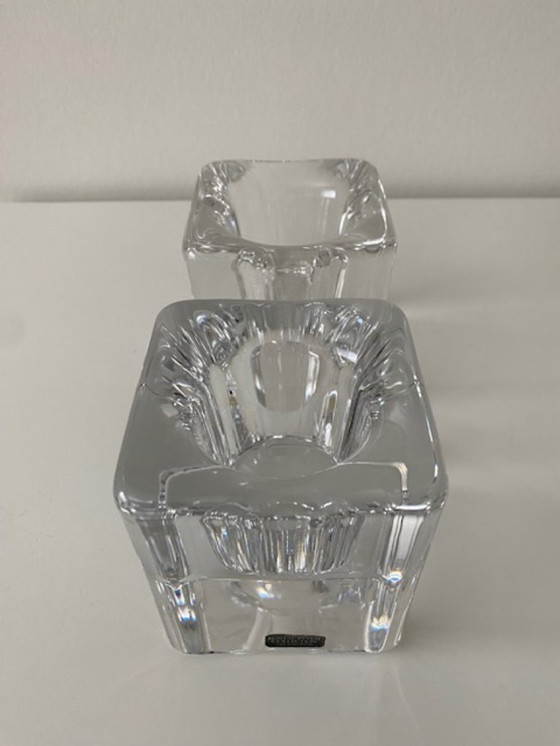 Image 1 of Kosta Boda Svezia Goran Warff 2 pesanti portacandele votive vintage a forma di cubo di cristallo