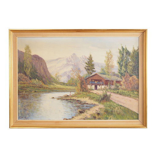 Peinture "Le chalet au bord d'un ruisseau", design scandinave, années 1970